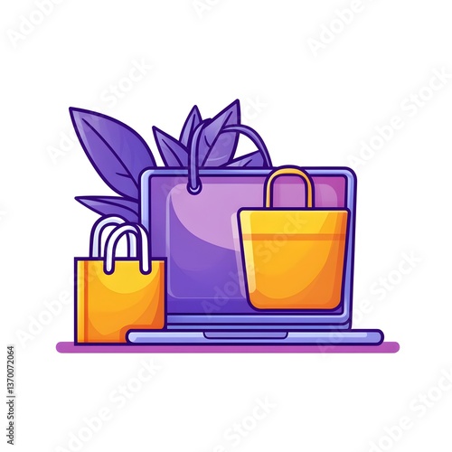Online Shopping Bags Laptop Purple Yellow Digital Purchase E commerce Retail