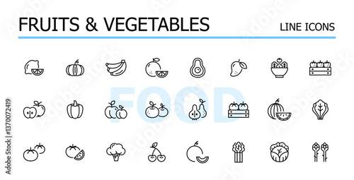 Fruits and vegetables. Groceries shopping. Farmer market, vegetarian and vegan diet. Oranges, strawberries and tomatoes. Vector icons set