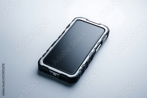 Mobile phone in protective rugged case showcasing secure technology and modern design on gray surface