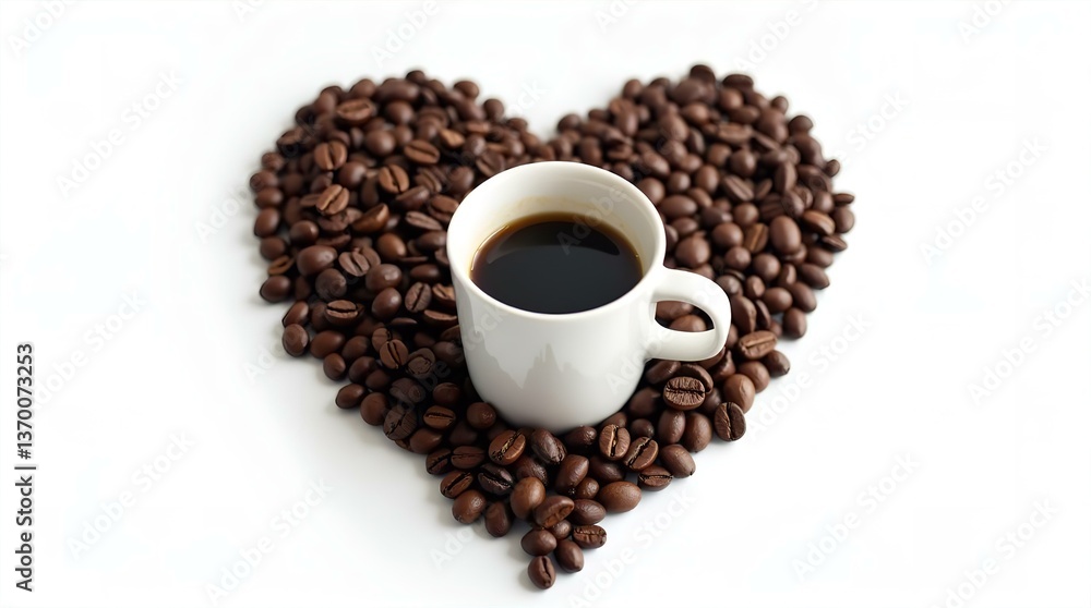 Still Life Photo of Coffee Beans Heart with White Cup of Black Coffee Still Life Photo of Coffee Beans Heart with White Cup of Black Coffee