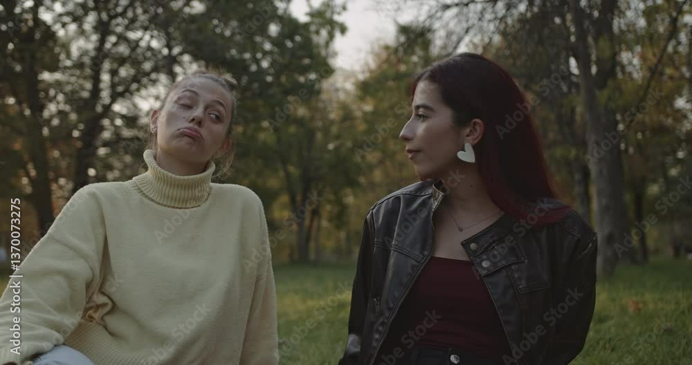 Two female friends enjoy a relaxing time together in the park, engaging in conversation and sharing a moment of friendship. Two female friends enjoy a relaxing time together in the park, engaging in conversation and sharing a moment of friendship.