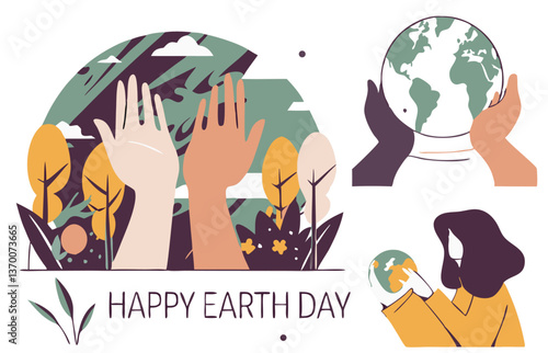 Earth Day. Environment Day. Save the planet. Vector illustration of hands holding the earth, bottom up view of nature and forest, people for ecology and green theme for poster or greeting card