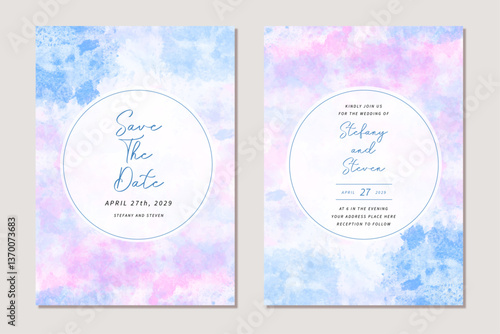 wedding invitation card with blue pink abstract watercolor background