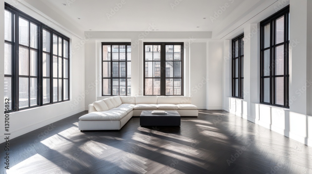 Obraz premium Modern loft living room with large windows, city view. Interior design