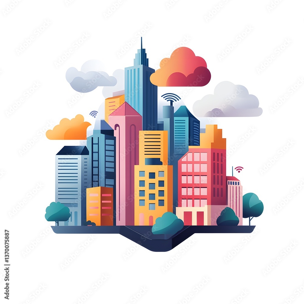 Fototapeta premium Vibrant Cityscape Illustration Modern Buildings Smart City Technology Concept