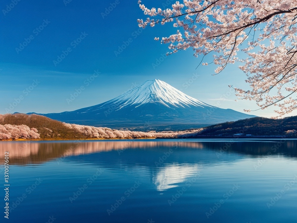 Fototapeta premium Snow Capped Mountain Reflected in a Calm Lake with Cherry Blossoms