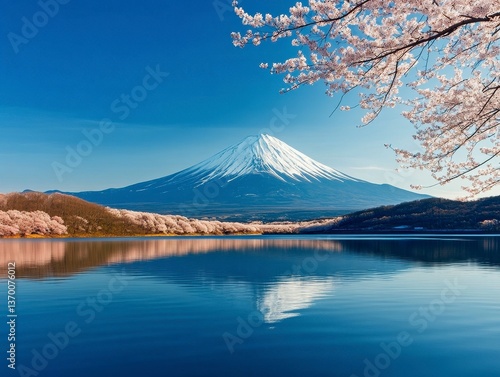 Snow Capped Mountain Reflected in a Calm Lake with Cherry Blossoms