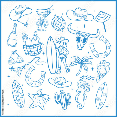 Coastal Cowgirl Western Cowboy Bachelorette Beach Icon outline playful hand drawn collection