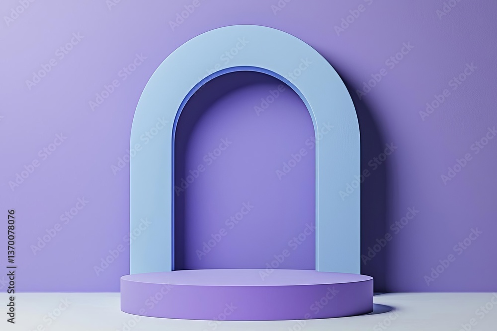 Minimalistic podium with pastel arches set against a purple background. Minimalistic podium with pastel arches set against a purple background.