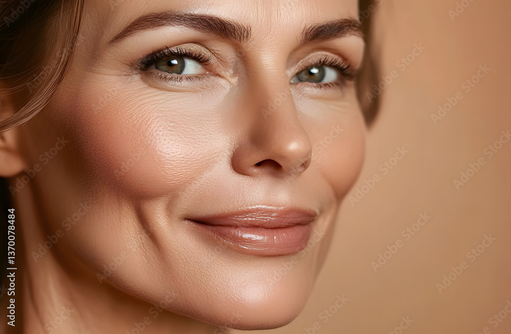 Obraz premium Close-up of middle-aged woman with natural nasolabial folds on beige background. Smiling serene female demonstrates skin texture, imperfection, bodycare rejuvenation procedure in beauty studio.