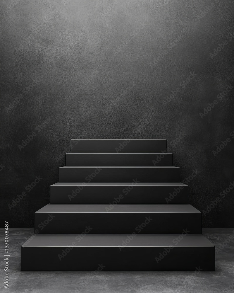 A minimalist view of dark stairs leading upward against a textured gray wall. A minimalist view of dark stairs leading upward against a textured gray wall.