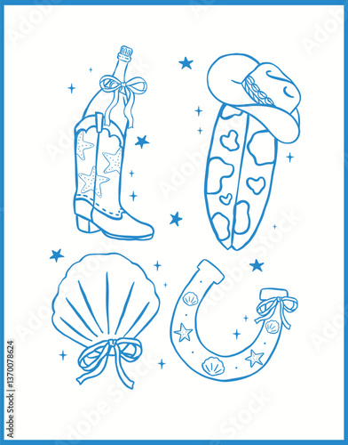 Coastal Cowgirl Western Cowboy Boot, hat, surfboard, Seashell Bachelorette Beach outline playful hand drawn