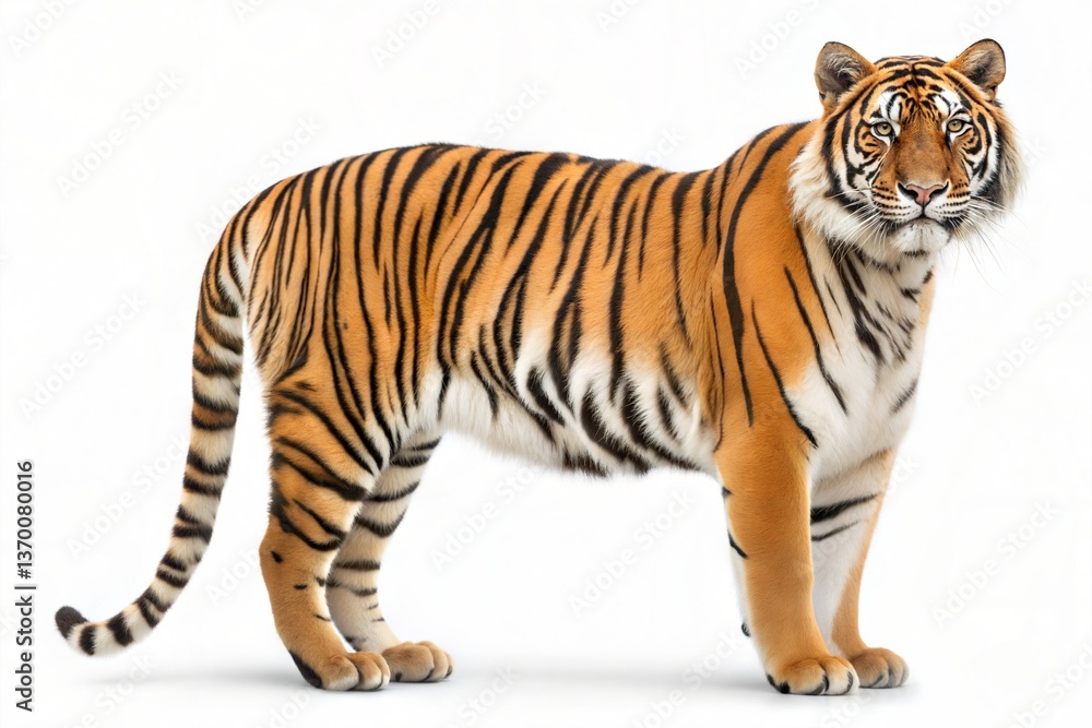 Naklejka premium Majestic Tiger Standing on White Background for Wildlife Photography
