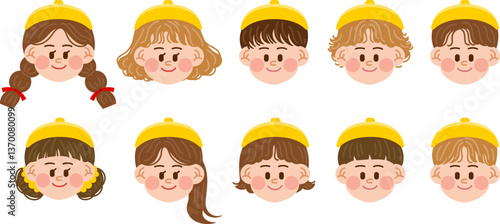 the faces of kindergarten children in hats