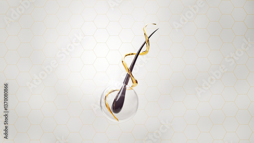 Bilde på lerret 3D hair strand growing from scalp, wrapped in golden liquid, symbolizing scientific hair care technology, nourishment, and cosmetic innovation