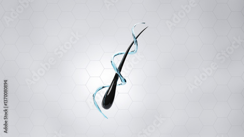 Foto 3D hair strand growing from scalp, wrapped in golden liquid, symbolizing scientific hair care technology, nourishment, and cosmetic innovation