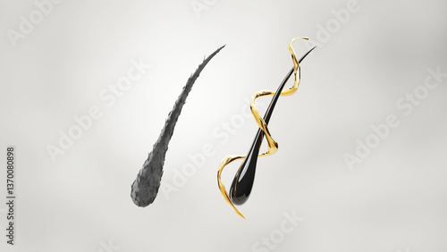 Fotografie 3D hair strand growing from scalp, wrapped in golden liquid, symbolizing scientific hair care technology, nourishment, and cosmetic innovation