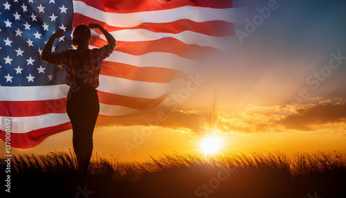 Independence Day. USA celebration. Silhouette people woman sunset us flag copy space.