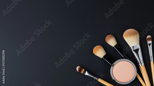 High-Quality Makeup Brushes and Powder on Dark Background