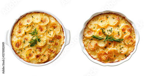 Potato gratin with creamy cheese, baked isolated on transparent background.