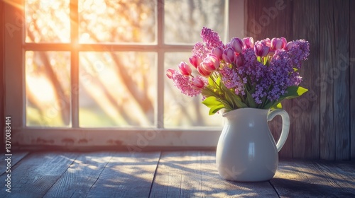 Wallpaper Mural An artfully captured bouquet of lilacs and tulips placed inside a white ceramic pitcher on a rustic wooden table Torontodigital.ca