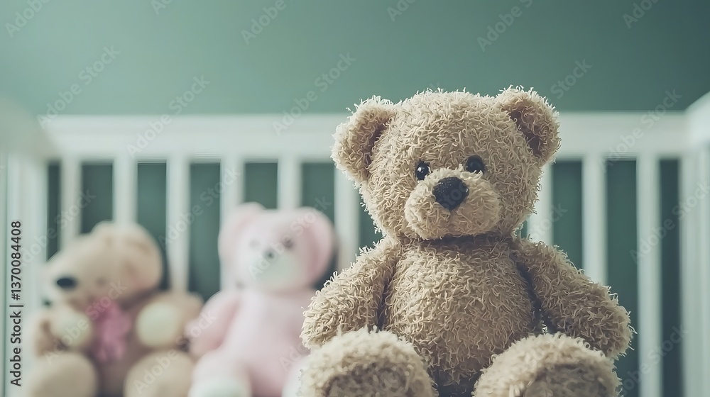 Soft Brown Teddy Bear Toy Sitting in a Cozy Nursery with Pastel Decor and Other Plush Friends Soft Brown Teddy Bear Toy Sitting in a Cozy Nursery with Pastel Decor and Other Plush Friends