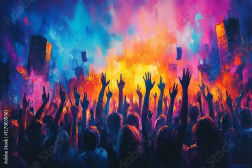 Wallpaper Mural Crowd raising their hands at music concert. Audience enjoying rock, dance, edm and club festival party. Cartoon painting illustration. Generative AI Torontodigital.ca