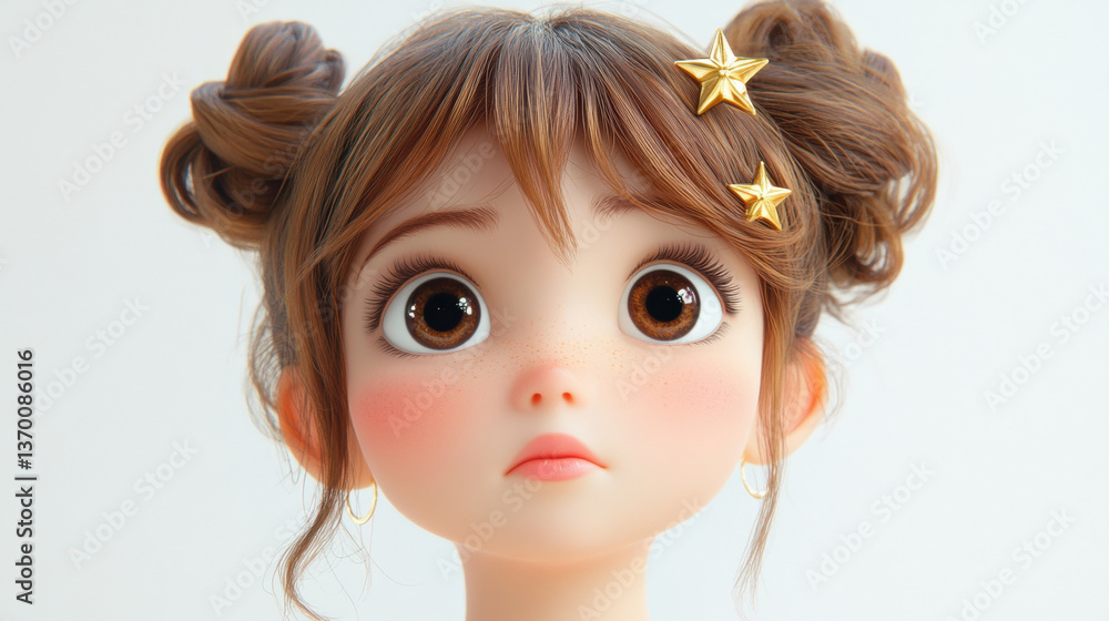 A doll with brown hair styled in buns and star accessories A doll with brown hair styled in buns and star accessories