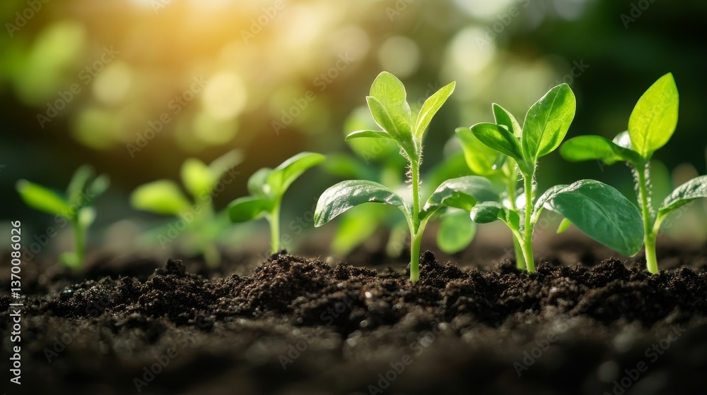 Young seedlings emerging from rich soil in a sunlit garden during springtime growth Young seedlings emerging from rich soil in a sunlit garden during springtime growth