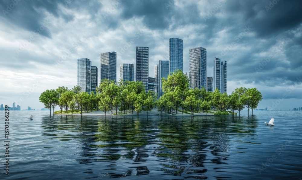 Fototapeta premium City on island with trees, sailboats, stormy sky, climate change concept