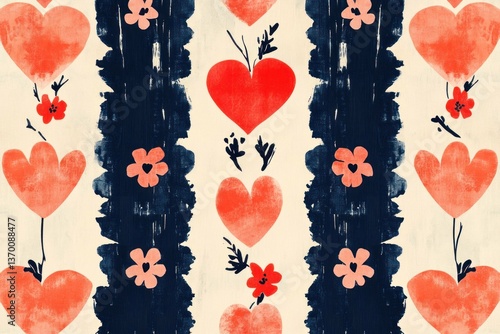 Bright and cheerful floral pattern featuring red hearts and flowers on a dark background, perfect for romantic designs or Valentine s Day projects