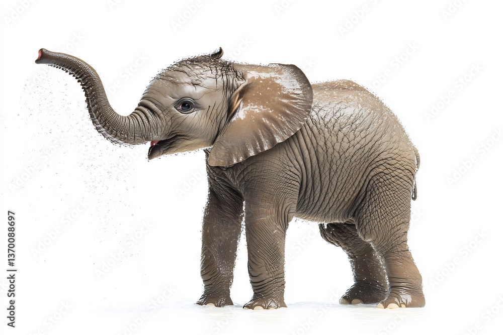 Obraz premium A playful baby elephant spraying water with its trunk, set against a clean white background. 
