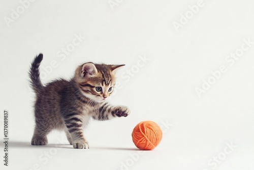  A playful kitten batting at a ball of yarn, set against a pure white backdrop. 