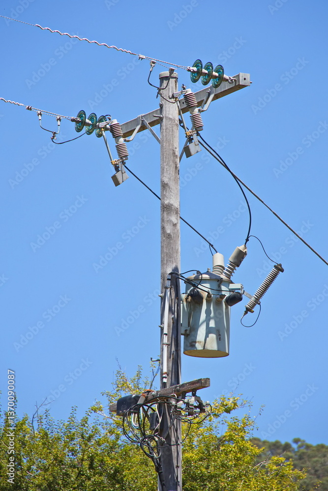 Obraz premium Power line with transformer in Lorne, Victoria, Australia 
