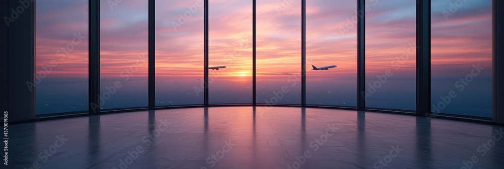 Fototapeta premium Sunset View from Modern Building with Airplanes Flying Outside