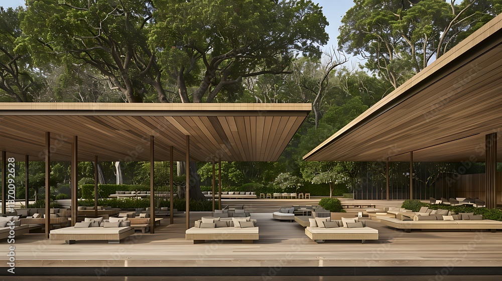 Obraz premium Luxurious outdoor lounge with wooden structures and natural surroundings