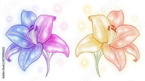 Two colorful lily flowers on a white background with an abstract floral design outline