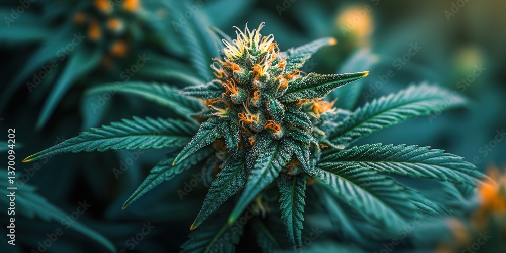 Close-up of a vibrant cannabis plant with lush green leaves and orange pistils in soft natural light. Close-up of a vibrant cannabis plant with lush green leaves and orange pistils in soft natural light.