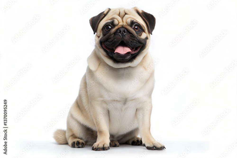 Adorable fawn Pug sits attentively, showcasing its wrinkled brow, black mask, and expressive eyes against a clean white background Adorable fawn Pug sits attentively, showcasing its wrinkled brow, black mask, and expressive eyes against a clean white background
