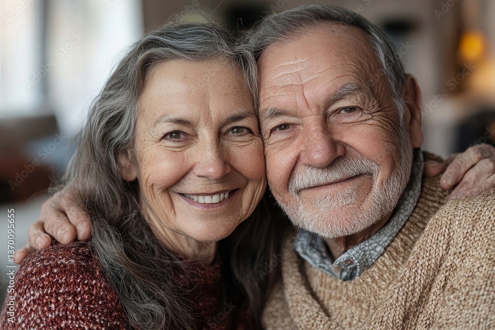 Happy smiling senior couple embracing together at home Happy smiling senior couple embracing together at home
