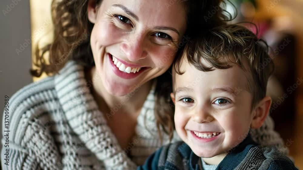 A joyful moment shared between a mother and her young son indoors, capturing warmth and affection during winter days A joyful moment shared between a mother and her young son indoors, capturing warmth and affection during winter days
