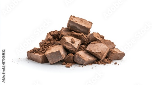 Pile of Rich Milk Chocolate Pieces and Cocoa Dust on White Surface