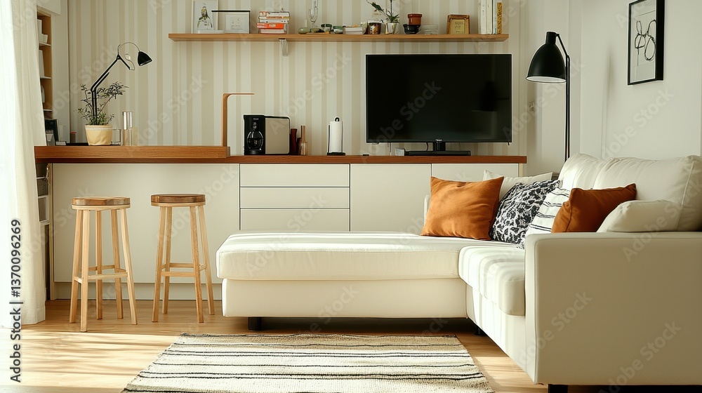 Fototapeta premium Cozy Modern Living Room with Stylish Furniture and Warm Decor