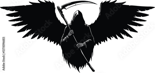 Silhouette of grim reaper with wings holding a scythe in a dark symbolic illustration