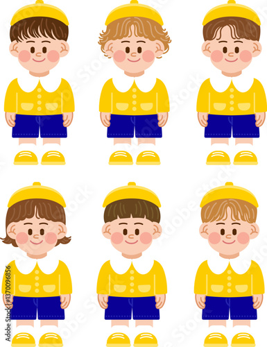 Kindergarten boys wearing hats and school uniforms.