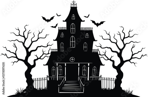 Silhouette spooky haunted house with bats and trees under moonlight in a gothic style