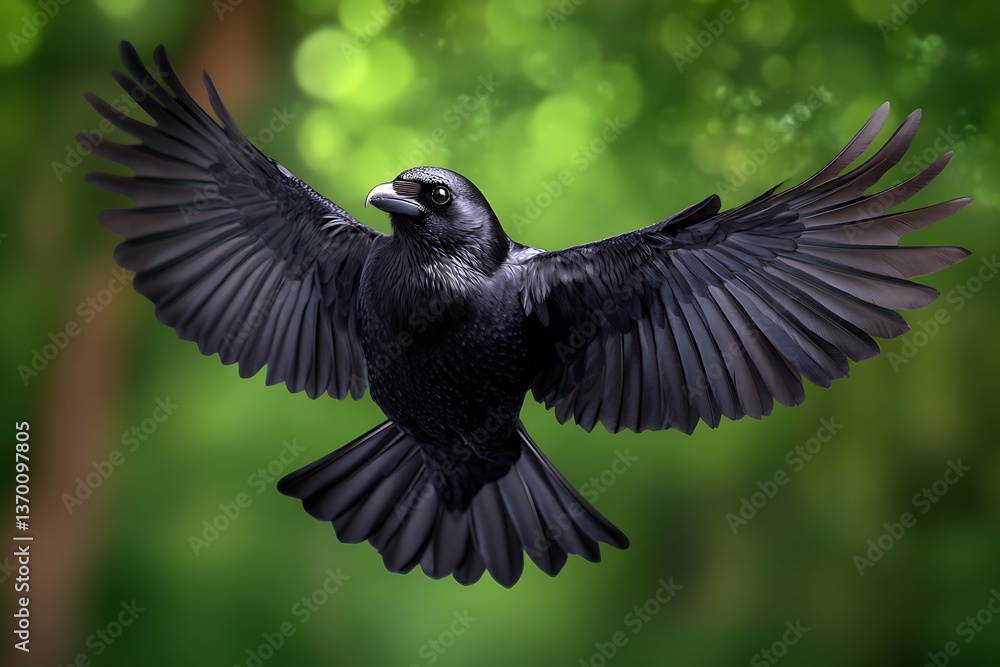 Obraz premium Raven in Flight, Green Forest