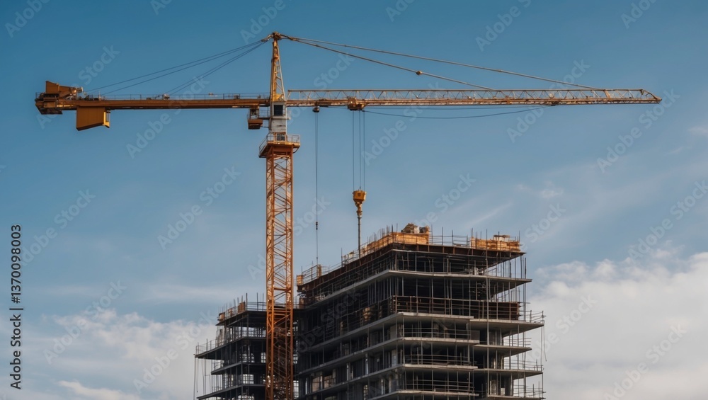 A tall building under construction with cranes at an urban construction site A tall building under construction with cranes at an urban construction site