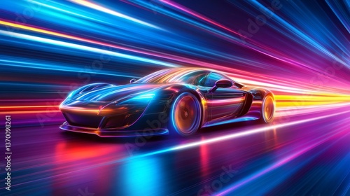 Futuristic Sports Car On Neon Highway. Powerful acceleration of a supercar with colorful lights trails. generative AI