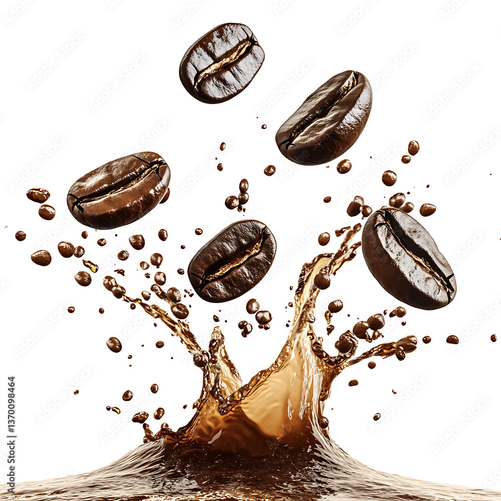 Fresh Roasted Coffee Beans Splashing into Steaming Brew Fresh Roasted Coffee Beans Splashing into Steaming Brew